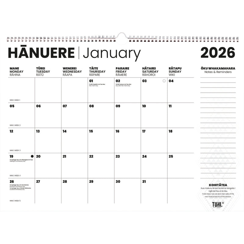 Tuhi One Month to View Maori A2 2026 Calendar