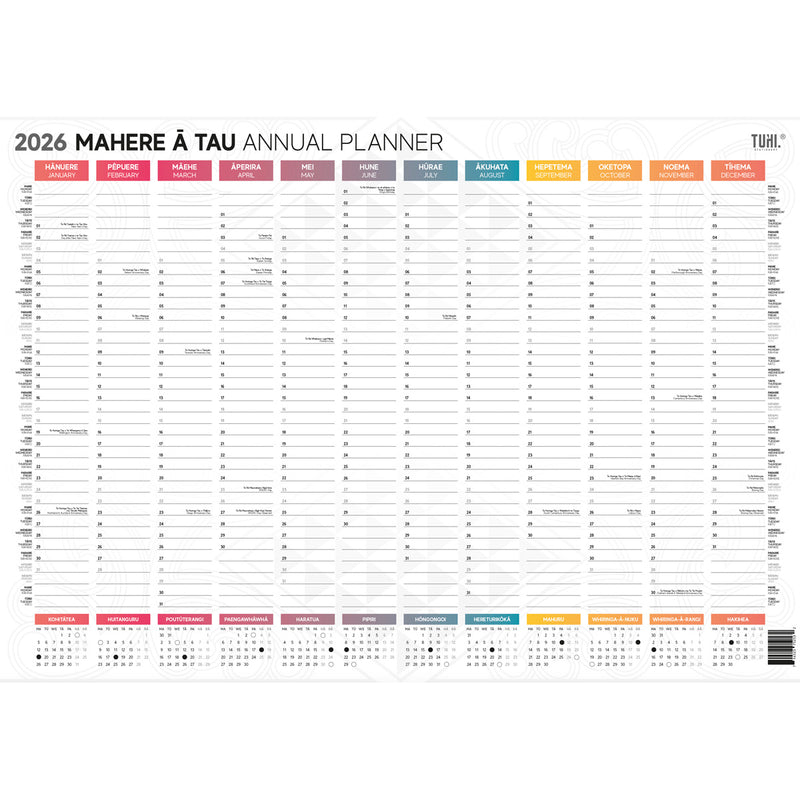 Tuhi Double Sided A2 Unlaminated Maori 2026 Wall Planner