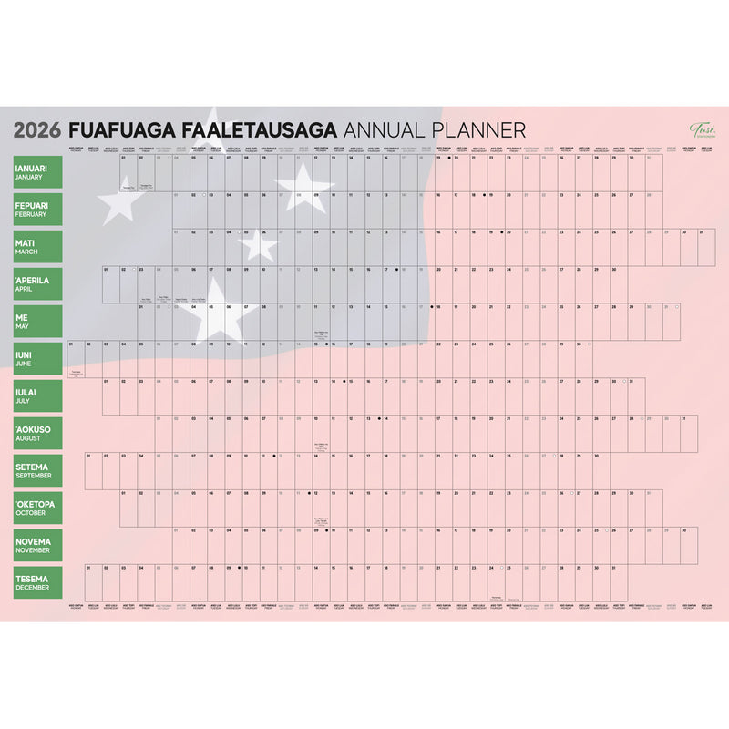 Tuhi Double Sided A2 Unlaminated Samoan 2026 Wall Planner