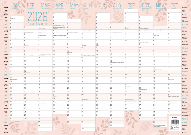 Collins A2 Designer Wallplanner Unlaminated Even Year