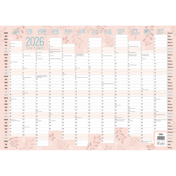 Collins A3 Designer Wall Planner Unlaminated Even Year