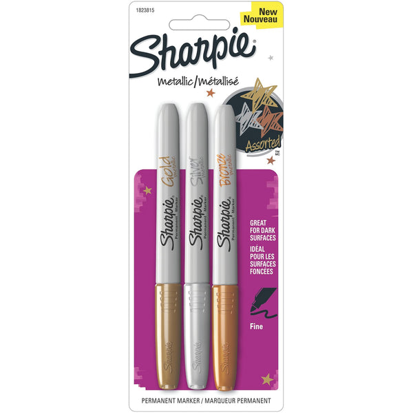 Sharpie Metallic Fine Point Gold Silver Bronze Permanent Markers Set of 3