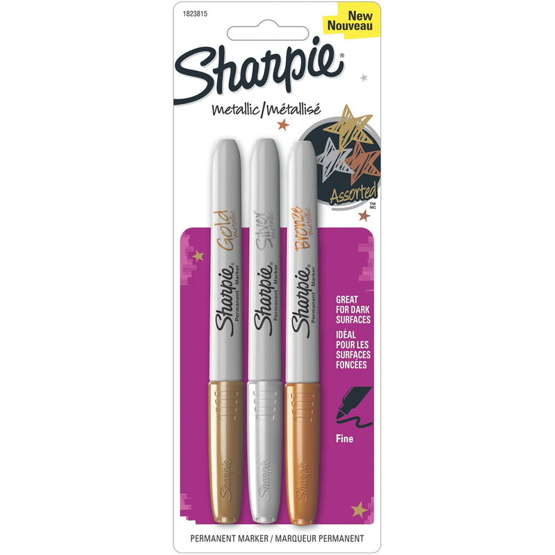 Sharpie Metallic Fine Point Gold Silver Bronze Permanent Markers Set of 3