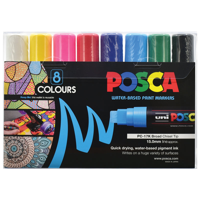 Uni 15.0mm Extra-Broad Chisel Posca Markers Assorted Pack of 8 PC-17K