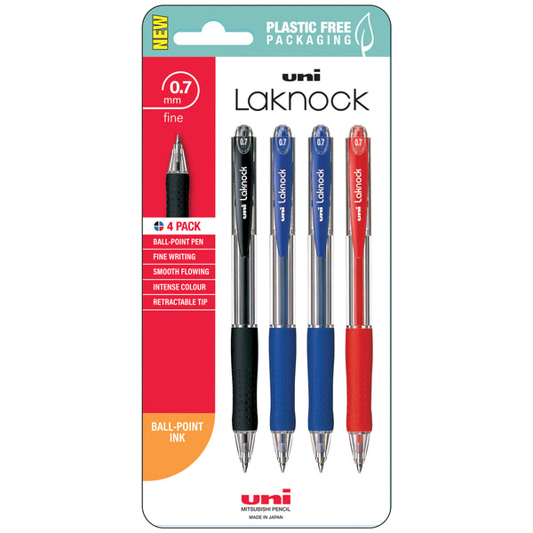 Uni Laknock 0.7mm Fine Retractable Pens Assorted Pack of 4