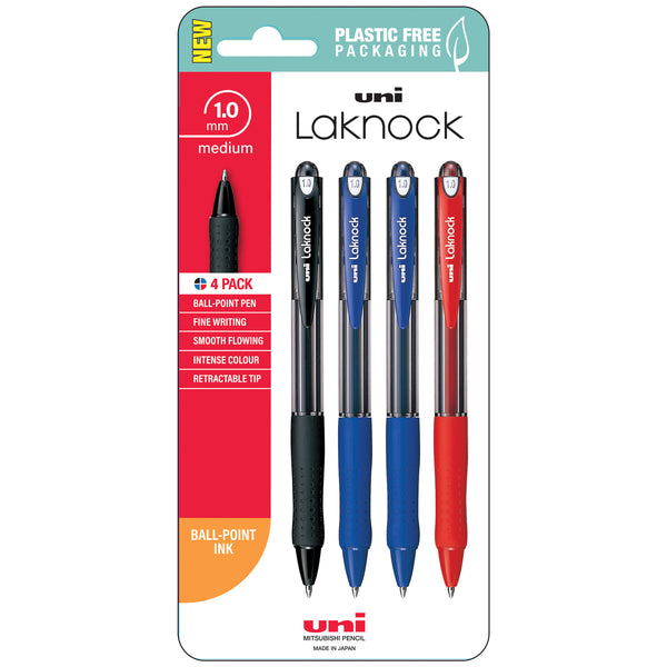 Uni Laknock 1.0mm Medium Retractable Pens Assorted Pack of 4