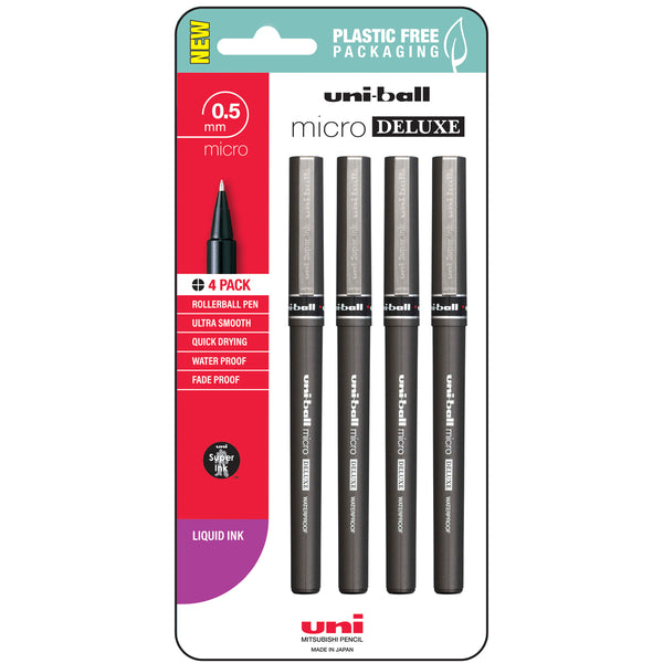 Uni Micro 0.5mm Deluxe Capped Black Rollerball Pens Pack of 4