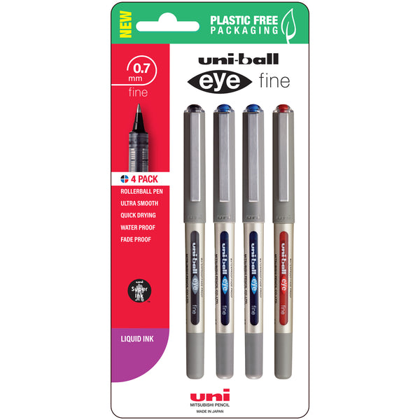 Uni Eye 0.7mm Fine Capped Assorted Pens Pack of 4