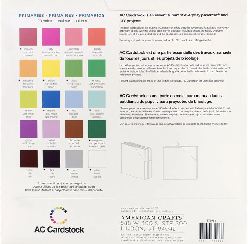 American Crafts 12" x 12" Textured 60 Sheets Primaries Cardstock Variety Pack