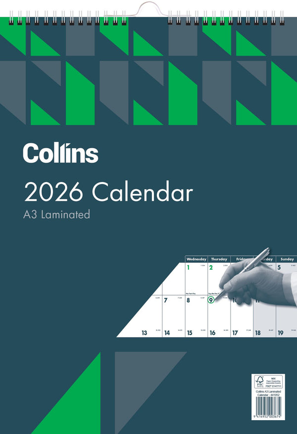 Collins Calendar A3 Month To View Laminated Wiro Even Year
