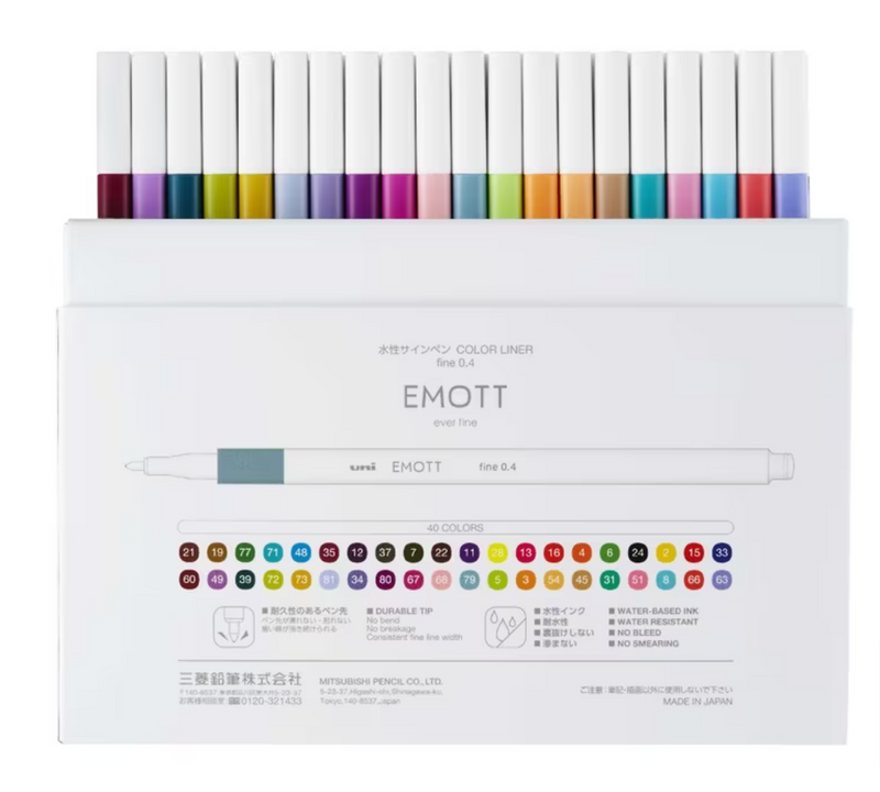 Uni Emott Everfine Fineliners 0.4mm Assorted Colours - Set of 40