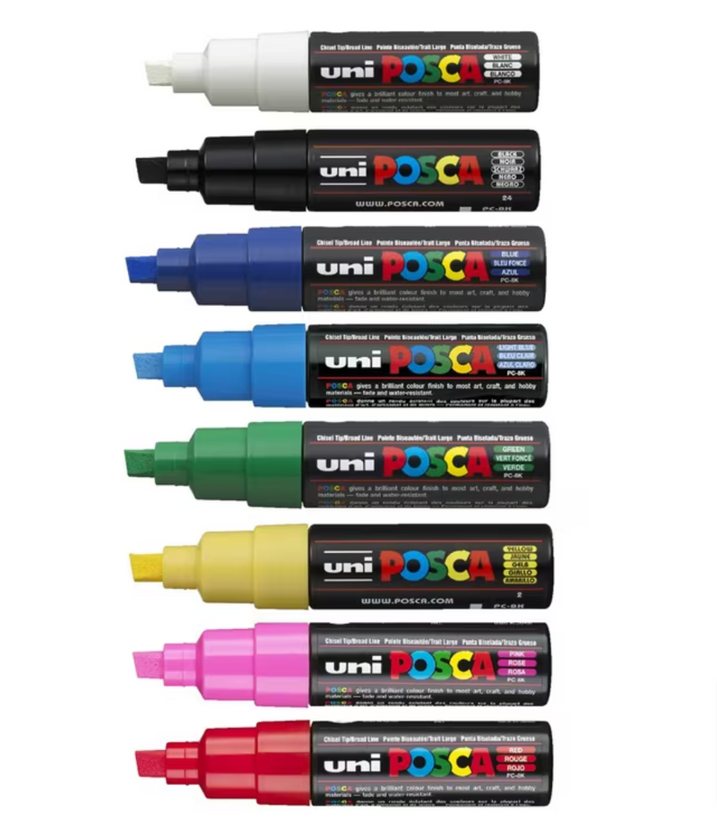 Uni Posca Markers PC-8K 8.0mm Bold Chisel Tips Assorted Colours - Pack of 8