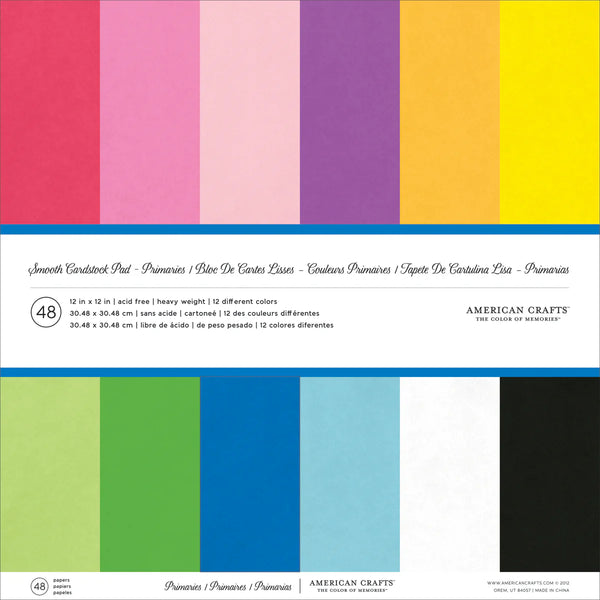 American Crafts 12" x 12" Smooth 48 Sheets Primaries Cardstock Variety Pack