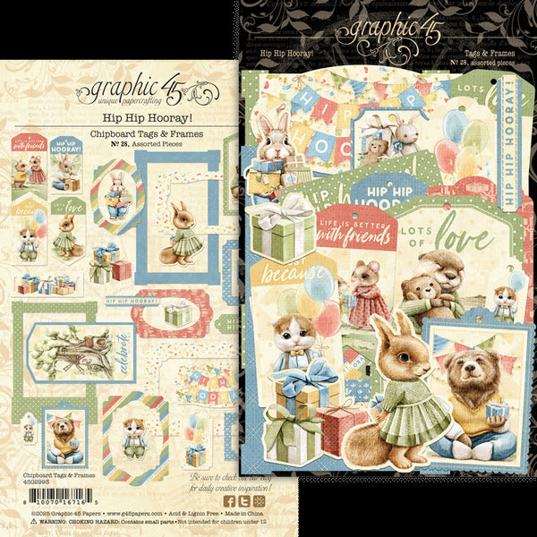 Graphic 45 Hip Hip Hooray Chipboard Embellishments Tags & Frames