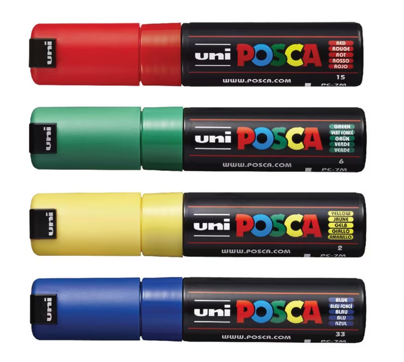 Uni Posca Markers PC-7M 4.5-5.5mm Green/Yellow/Red/Blue - Set of 4