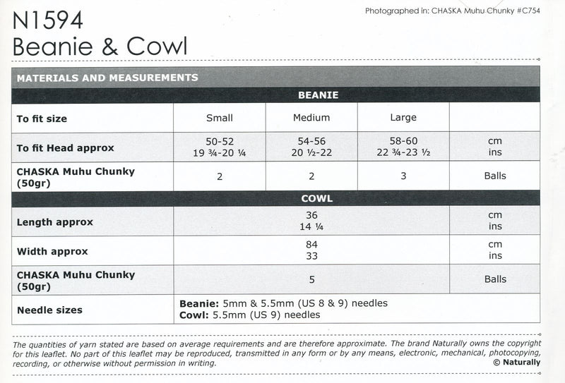 Naturally Pattern Leaflet Chaska Muhu Chunky 14Ply Womens/Hats & Scarves N1594