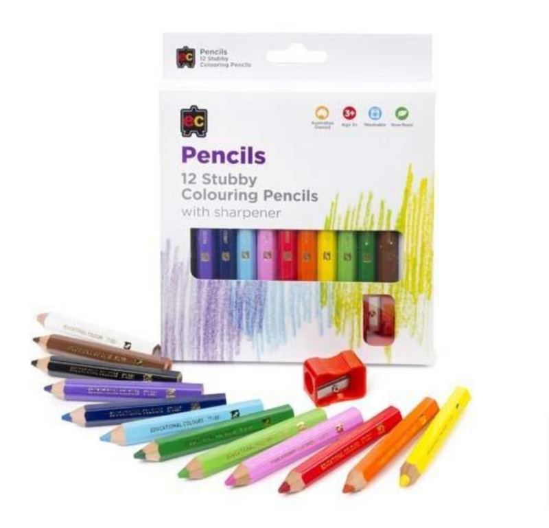 EC Coloured Pencils Stubby 12 Pack Plus Sharpener