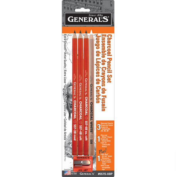 General's Charcoal Pencil Set + Sharpener (2B 4B 6B White)
