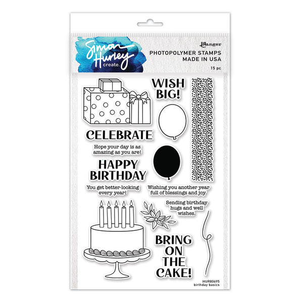 Simon Hurley create. Photopolymer 15 Piece Stamp Set Birthday Basics