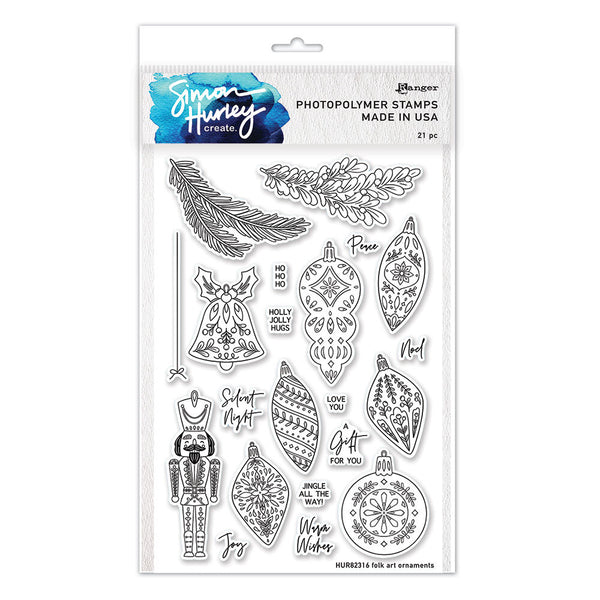 Simon Hurley create. Photopolymer 21 Piece Stamp Set Folk Art Ornaments