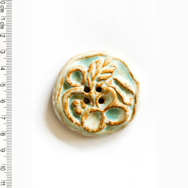 Incomparable Buttons - Large Aqua & Brown Floral L522 - Card of 1