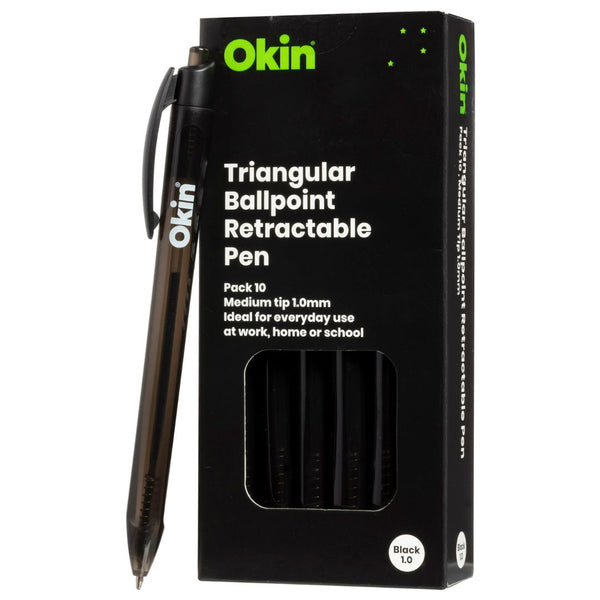 Okin Ballpoint Retractable Pen Triangular Medium - Pack Of 10#Colour_BLACK