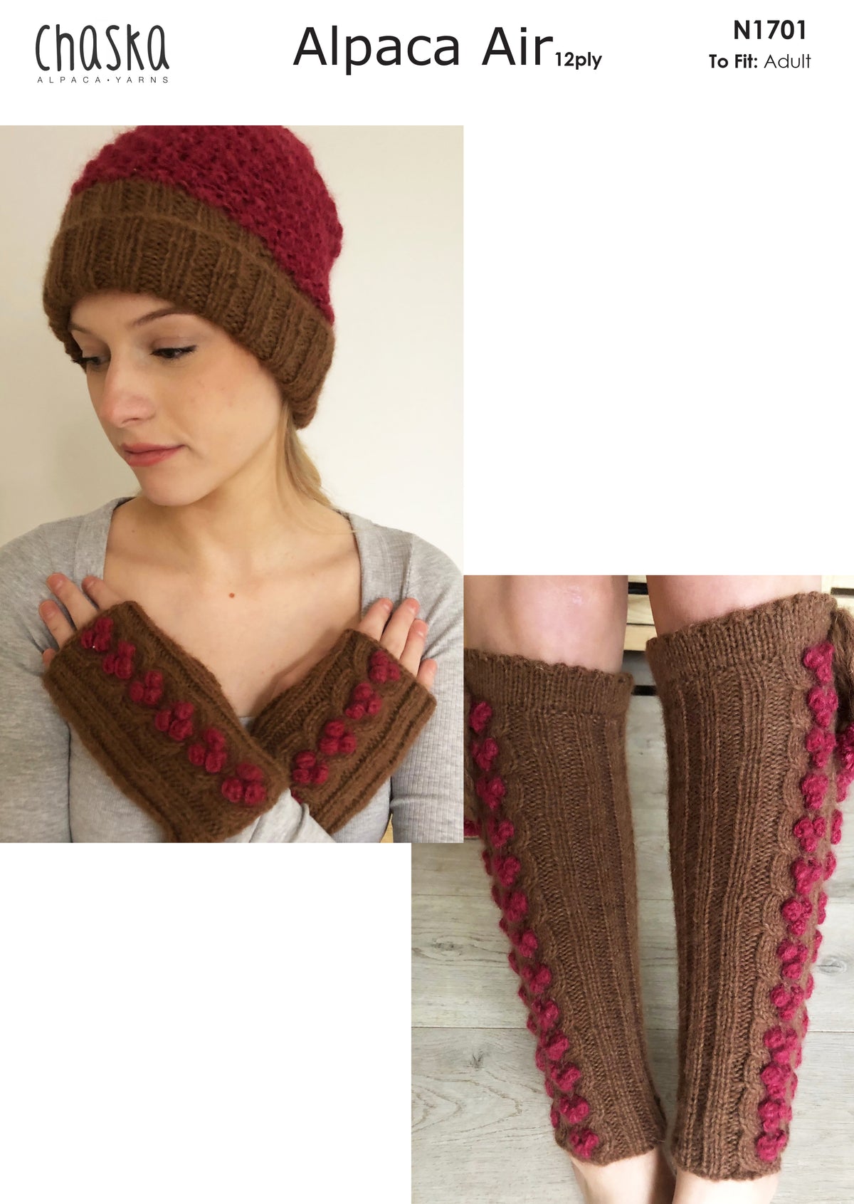 Chaska Patterns Knitting Pattern N1701 - Womens Beanie, Leg Warmers & Mittens 12ply Ya