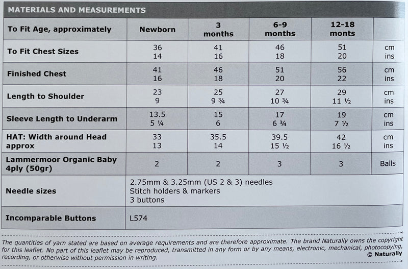 Naturally Pattern Leaflet Lammermmor Organic Baby 4ply Kids/Sweater & Hat K438