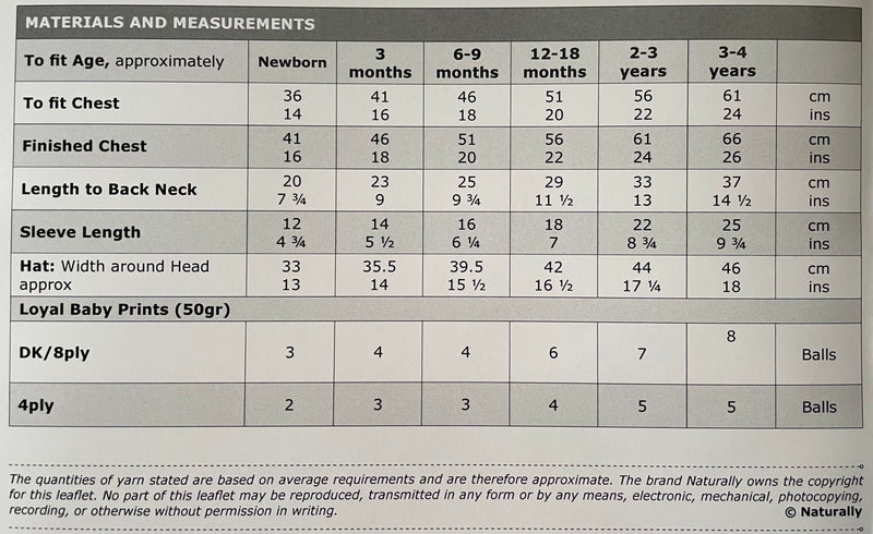Naturally Pattern Leaflet Loyal Baby Print 4ply & DK  Kids/Sweater & Hat K495
