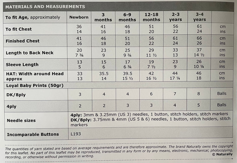 Naturally Pattern Leaflet Loyal Baby Print 4ply & DK Kids/Sweater & Hat K497