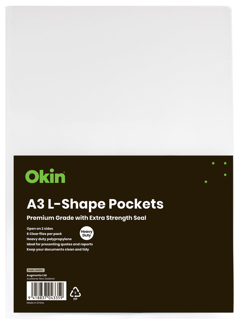 Okin L Shaped Pockets Heavy Duty Clear - Pack of 6