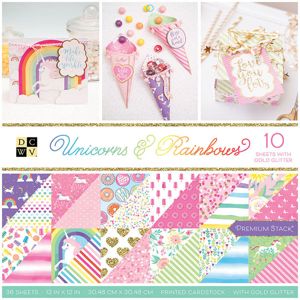 DCWV 12" x 12" Double-Sided Unicorns & Rainbows Gold Glitter 36 Sheets Cardstock Stack