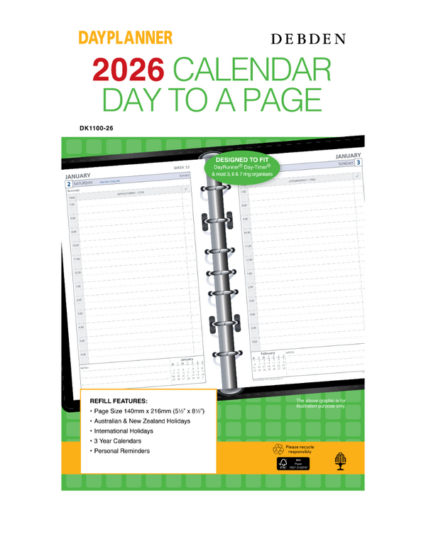 Debden Dayplanner Desk Day to a Page Refill 2026
