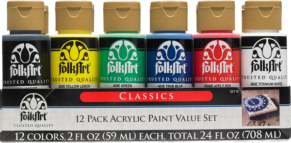 Folk Art Acrylic Craft Paint 2oz/59ml Classics - Set Of 12 (2 X 6 Colours)