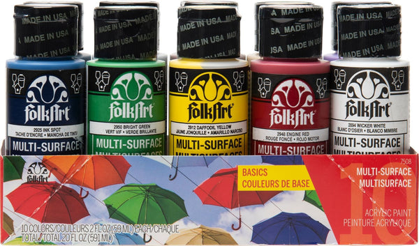 Folk Art Multi-Surface Acrylic Craft Paint 2oz/59ml Basics - Set Of 10