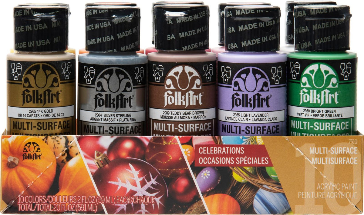 Folk Art Multi-surface Acylic Paint 2oz/59ml Celebrations - Set Of 10