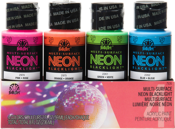 Folk Art Acrylic Metallic/Neon Blacklight Craft Paint 2oz/59ml - Set Of 4