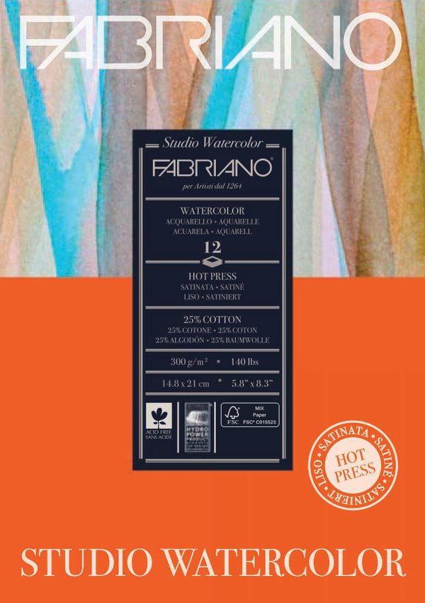 Fabriano Studio Watercolour Hot Pressed Paper Pad 300gsm 12 Sheets#Size_A5