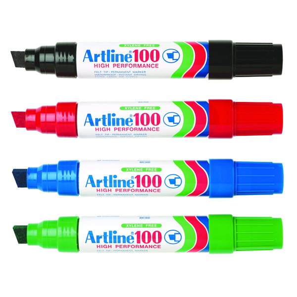 artline 100 permanent marker 12mm chisel nib assorted pack of 4