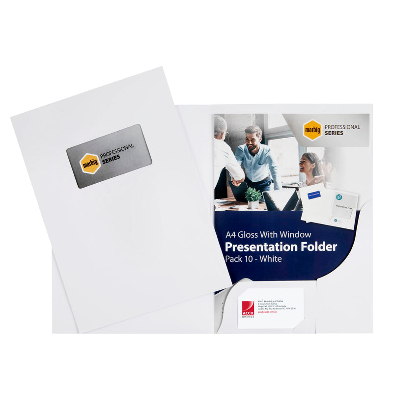 marbig® professional presentation folders a4 gloss window white pack of 10