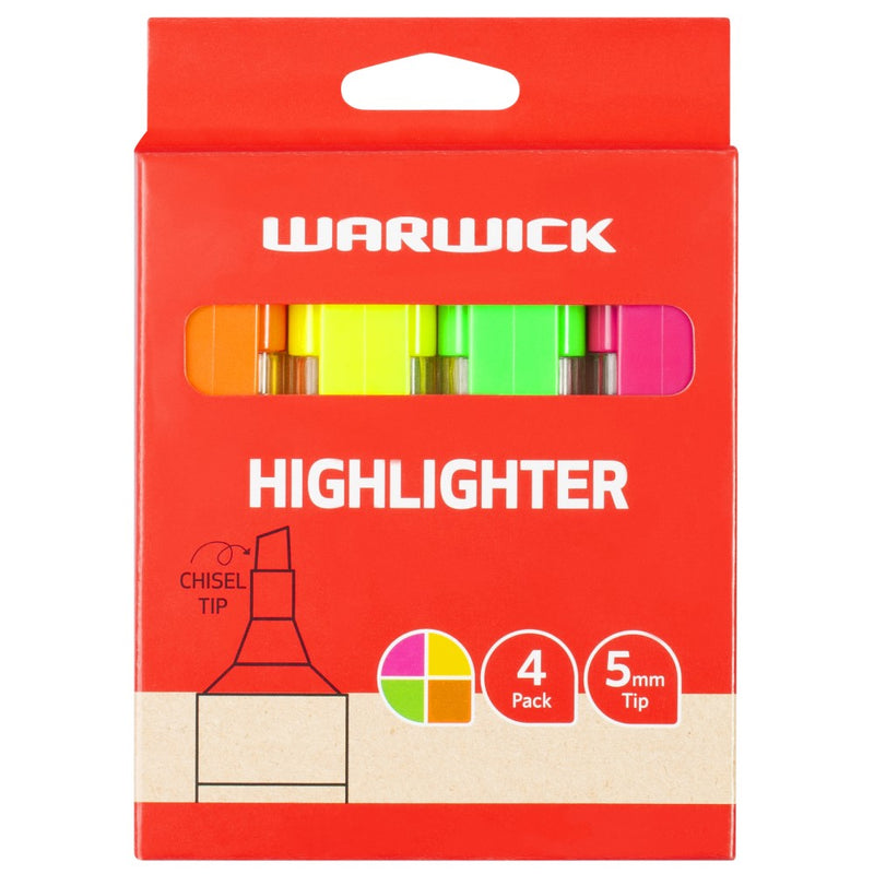 warwick highlighter pen stubby assorted 4 pack