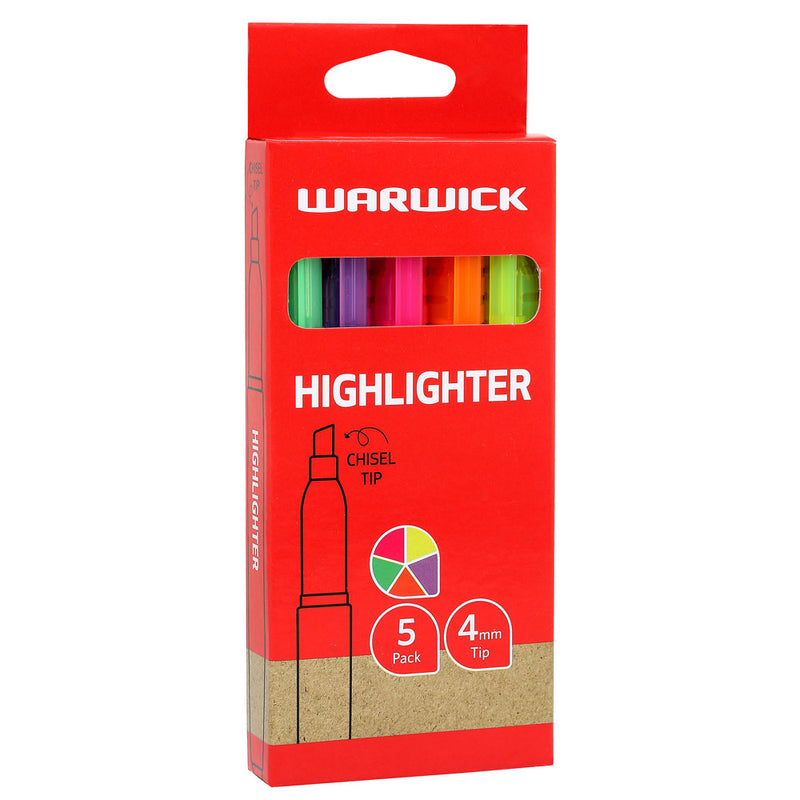 warwick highlighter pen slimline assorted 5 pack