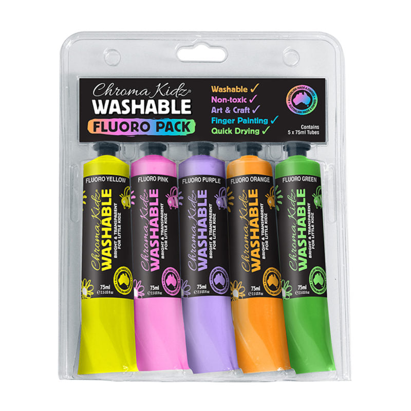 chroma kidz washable acrylic fluoro paint 5 x 75ml set