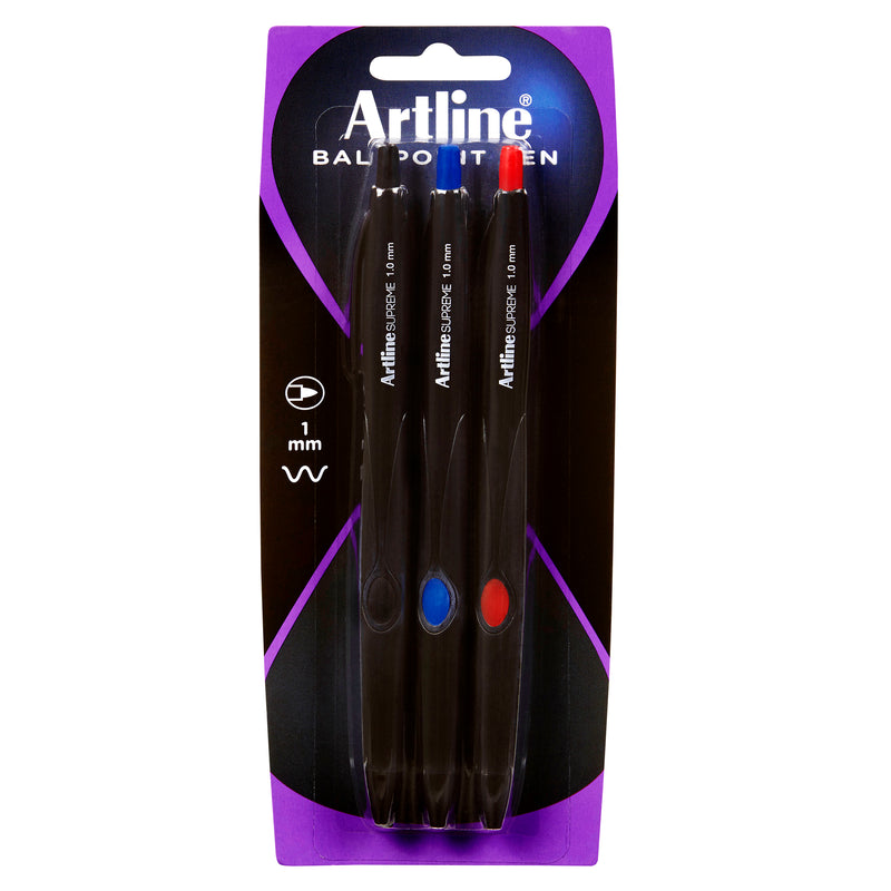 artline supreme retractable pen 1.0mm assorted pack of 3