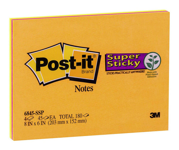 post-it super sticky notes 6845-ssp asst bright colours 152x202mm 45 sheet pads pack of 4