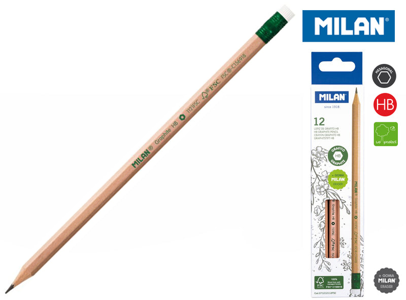 Milan HB Pencil With Eraser Hexagonal Pack of 12 