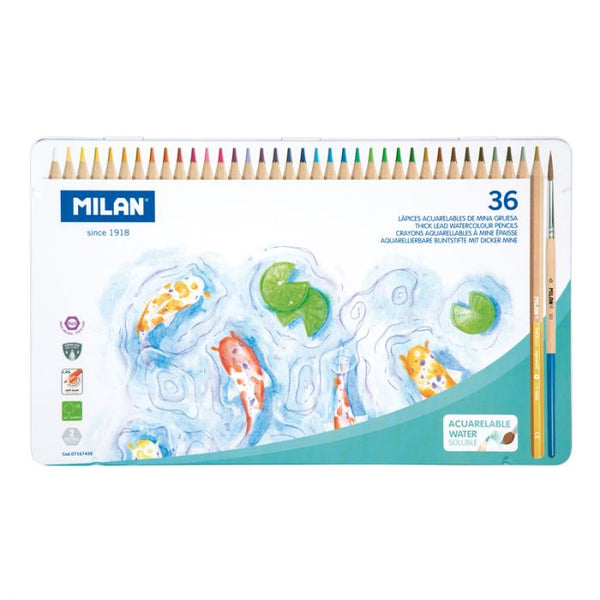 Milan Water Soluble Coloured Hexagonal Pencils Pack 36 Metal Box