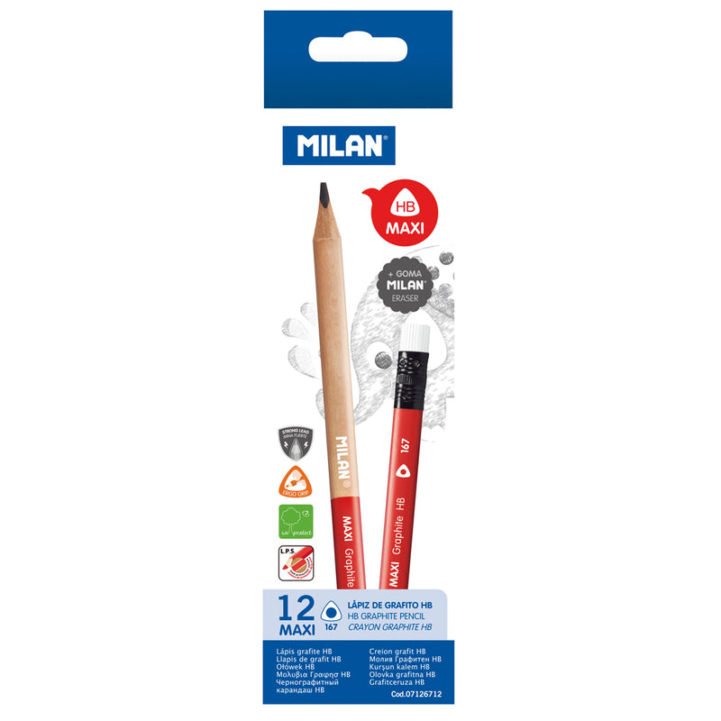 Milan Maxi Graphite Pencils with Eraser HB - Pack of 12