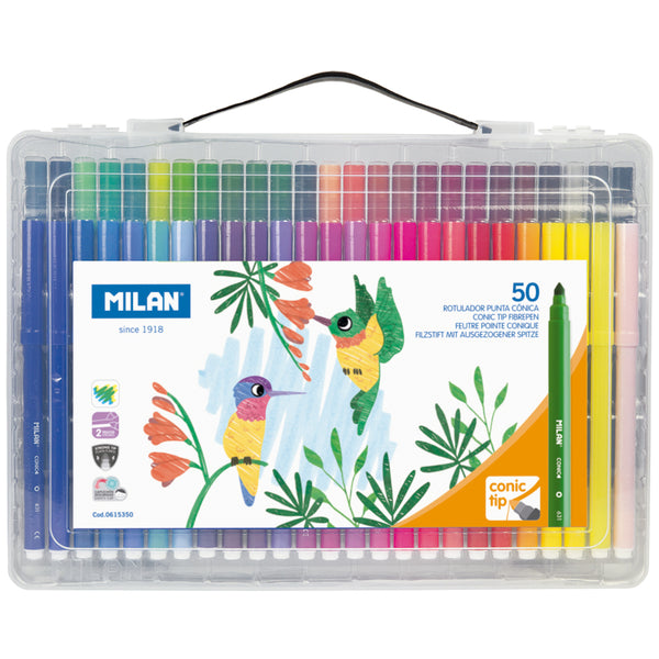 Milan Conic Tip Fibre Pens Hard Case Assorted - Pack of 50