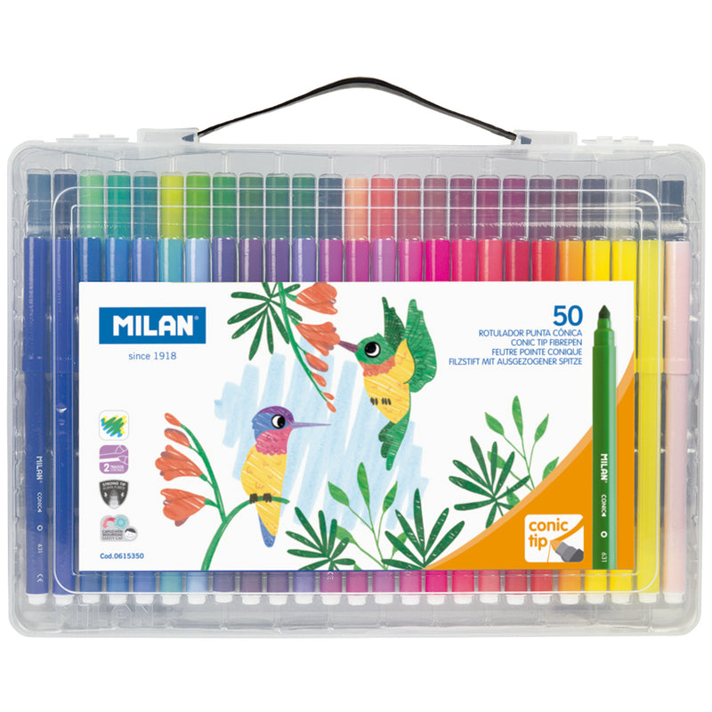 Milan Conic Tip Fibre Pens Hard Case Assorted - Pack of 50